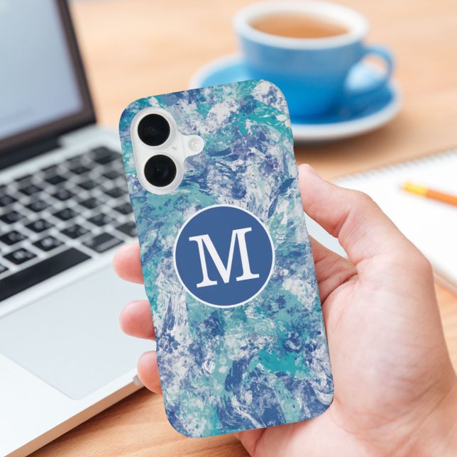 Blue Splash Custom Monogram  iPhone 16 Case (Creator Uploaded)