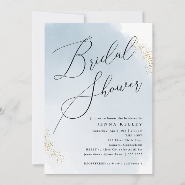 Blue Splash Gold Accent, Minimalist Bridal Shower Invitation (Front)