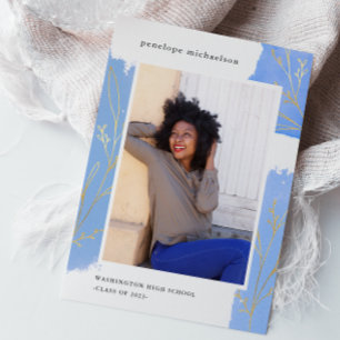 Blue Splashes Botanical Photo Graduation Party Invitation