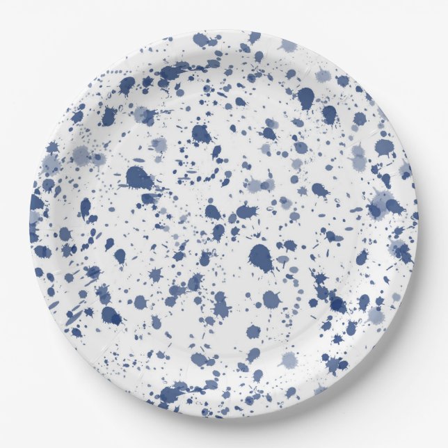 Blue Splatter Paint Paper Plate (Front)