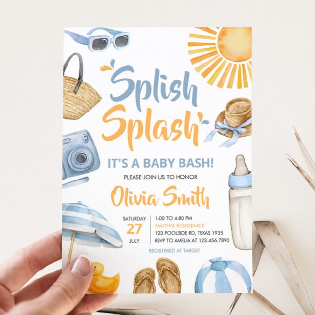 Blue Splish Splash Baby Shower  Invitation (Boy Summer Beach Baby Shower Invitation)