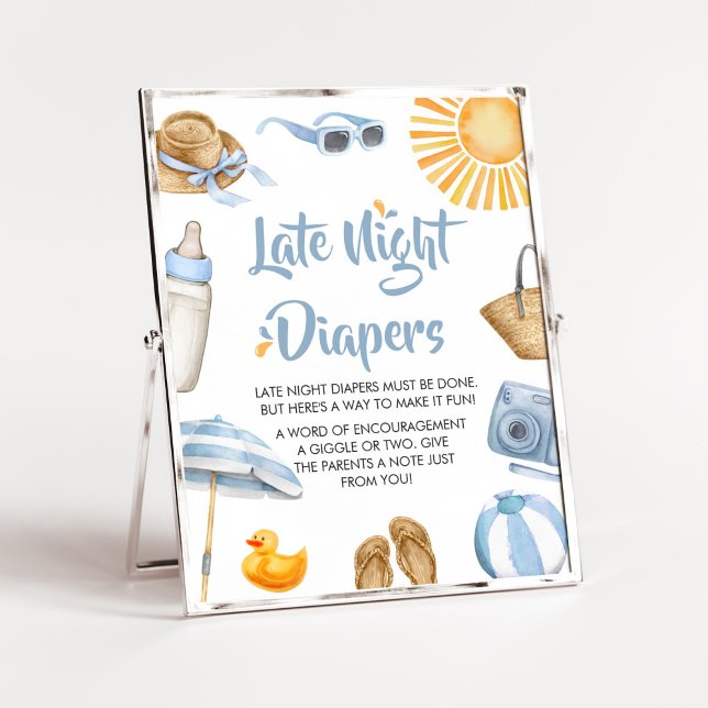 Blue Splish Splash Baby Shower Late Night Diapers Poster (Boy Summer Beach Baby Shower Late Night Diapers Sign)