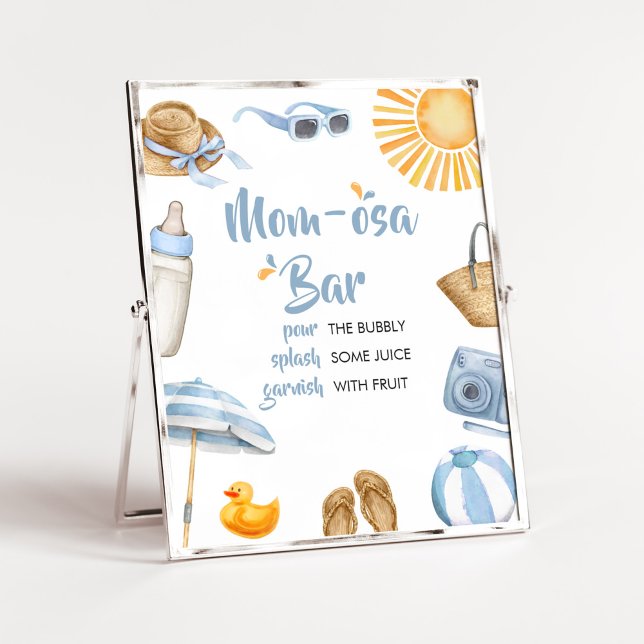 Blue Splish Splash Baby Shower Mum Osa Bar Poster (Boy Summer Beach Baby Shower Mom Osa Bar Sign)