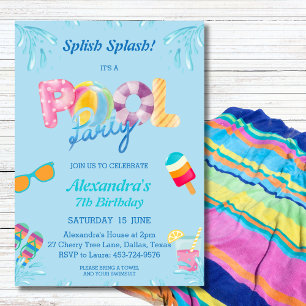 Blue Splish Splash Kids Pool Party Invitation