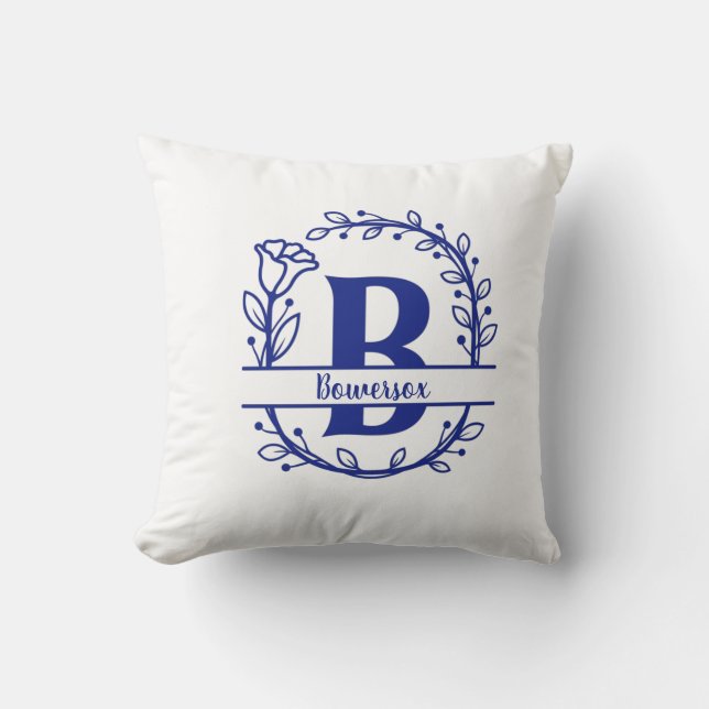 Blue Split Monogram Floral Monogram B  Cushion (Front)