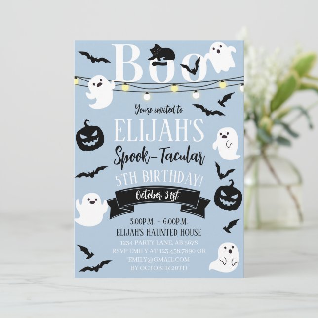 Blue Spook-Tacular Haunted Birthday Invitation (Standing Front)