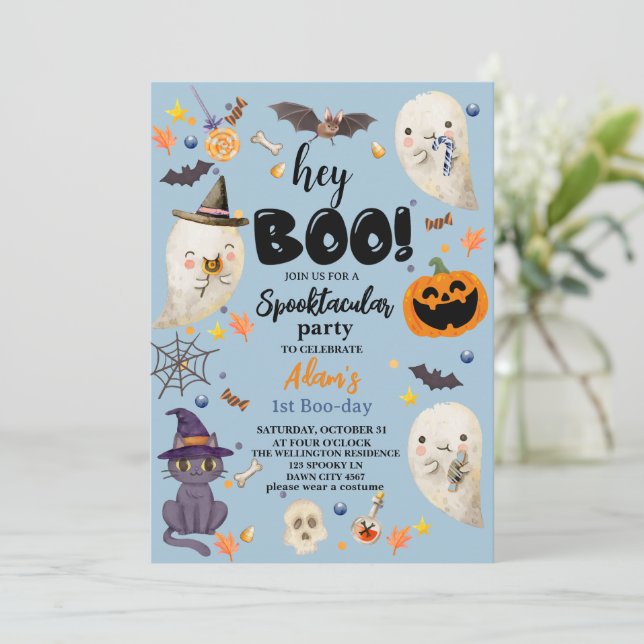 Blue Spooktacular Halloween 1st Boo-day Birthday Invitation (Standing Front)
