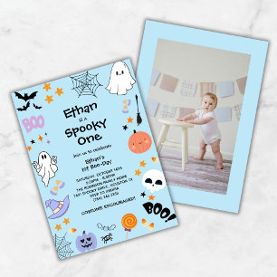 Blue Spooky One Cute Photo Halloween 1st Birthday Invitation