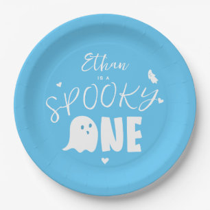 Blue Spooky One Ghost Boys First Birthday Paper Plate