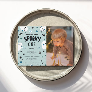 Blue spooky one halloween boy 1st birthday  invitation