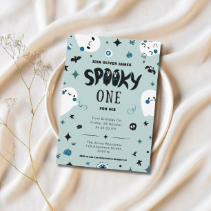 Blue spooky one halloween boy 1st birthday  invitation