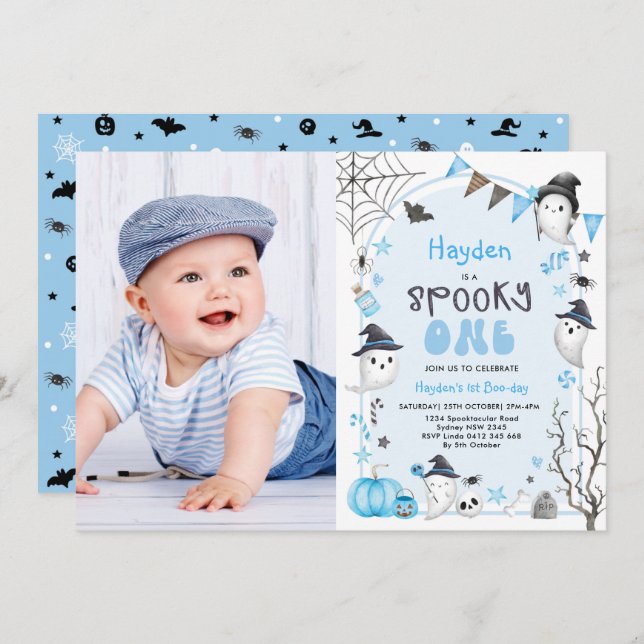 Blue Spooky One Halloween Ghost 1st Birthday Photo Invitation (Front/Back)