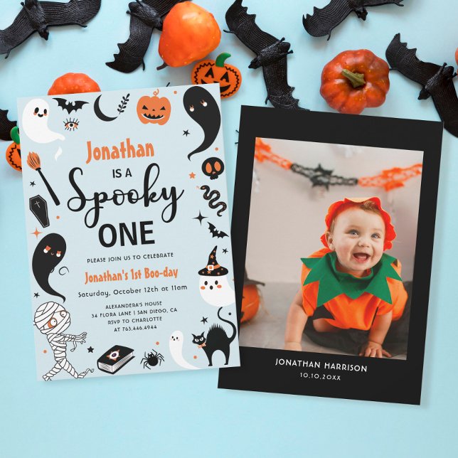  Blue Spooky One Halloween Photo Boy 1st Birthday  Invitation (Creator Uploaded)