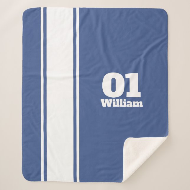 Blue Sport Stripe Monogram Sherpa Blanket (Front)