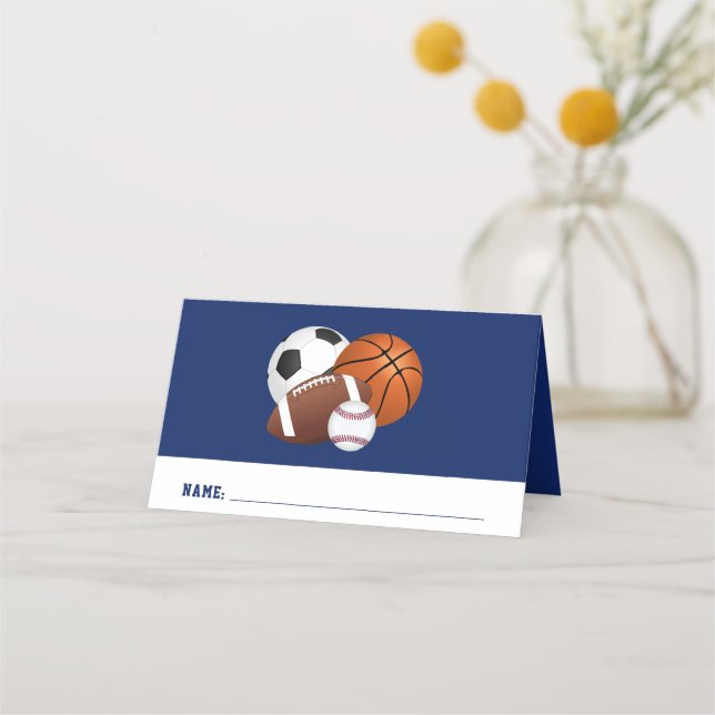 Blue Sports Birthday Place Card (Front)
