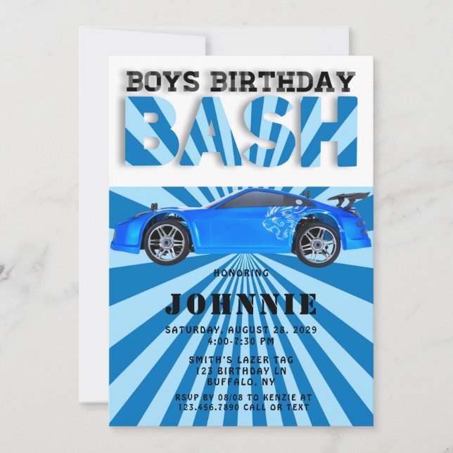 Blue Sports Car Boys Bash Birthday Party Invitation (Front)