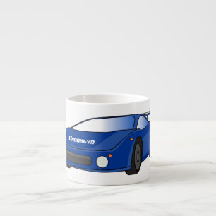 Blue sports car with airfoil illustration espresso cup