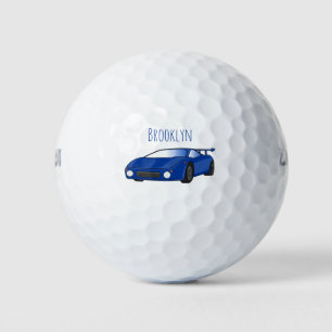 Blue sports car with airfoil illustration golf balls