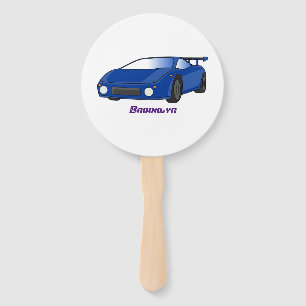 Blue sports car with airfoil illustration hand fan