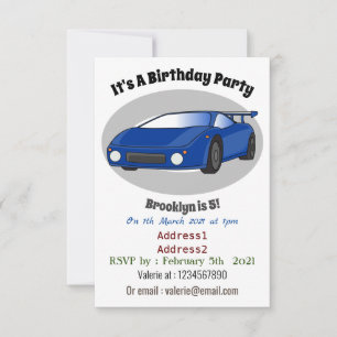 Blue sports car with airfoil illustration invitation