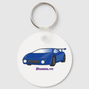 Blue sports car with airfoil illustration key ring