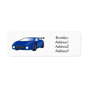 Blue sports car with airfoil illustration return address label