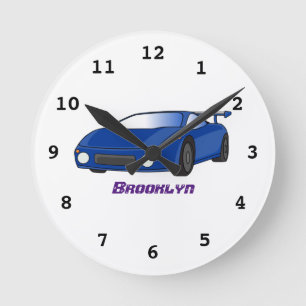 Blue sports car with airfoil illustration round clock