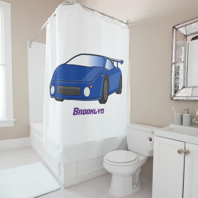 Blue sports car with airfoil illustration shower curtain (In Situ)