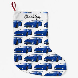 Blue sports car with airfoil illustration small christmas stocking