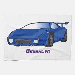 Blue sports car with airfoil illustration tea towel
