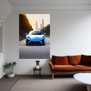Blue sports cars on the road   AI Art Poster