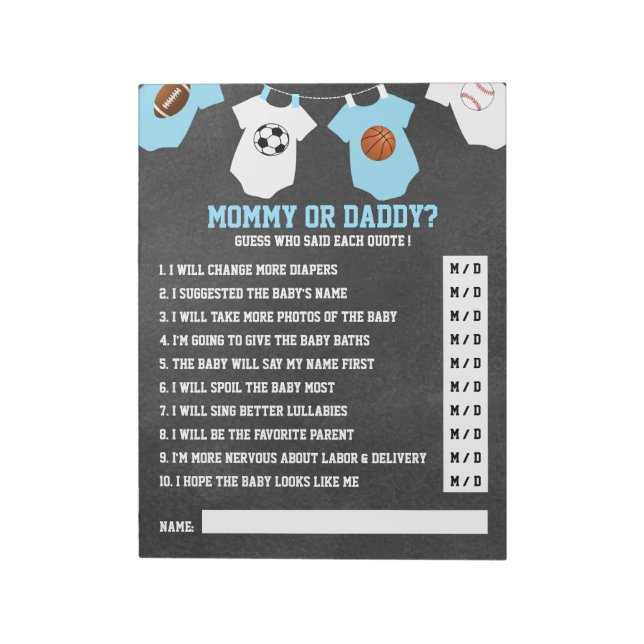 Blue SPORTS THEME chalkboard baby shower GAME Notepad (Rotated)