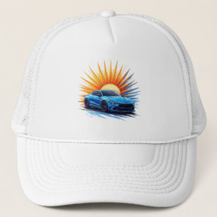 Blue Sporty Car Against a Bright Sunburst Showcase Trucker Hat