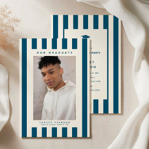 Blue Sporty Stripes 2 Photo Graduation Party Invitation