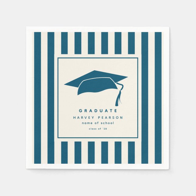 Blue Sporty Stripes Custom Graduation Party Napkin (Front)