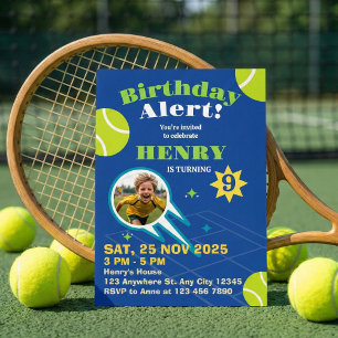Blue Sporty Tennis Ball Kids Birthday Party Invitation