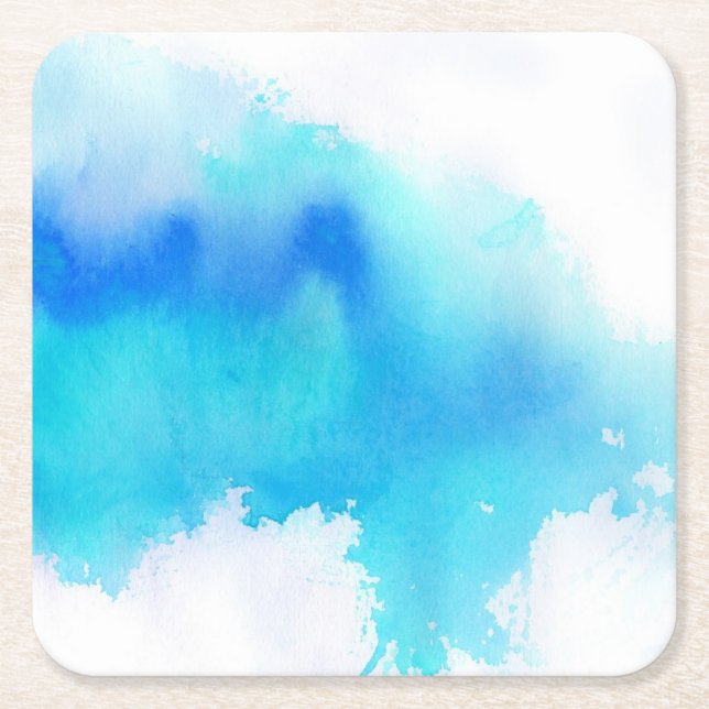 Blue spot, watercolor abstract hand painted square paper coaster (Front)