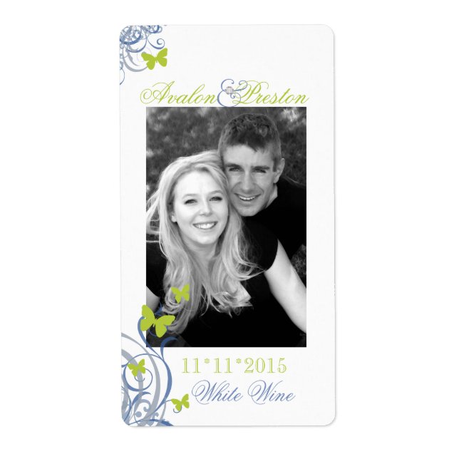 Blue Spring Butterfly Wedding Wine Label (Front)