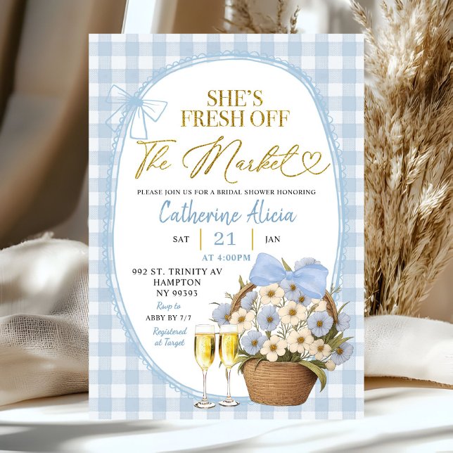 Blue Spring Floral Gingham Coquette Bridal Shower Invitation (Creator Uploaded)