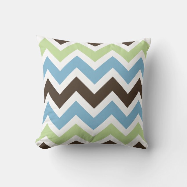 Blue, Spring Green, and Brown Chevron Pattern Cushion (Front)