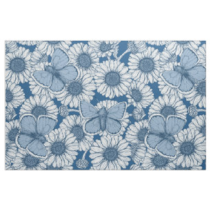 Blue spring, wild flowers, daisies fabric