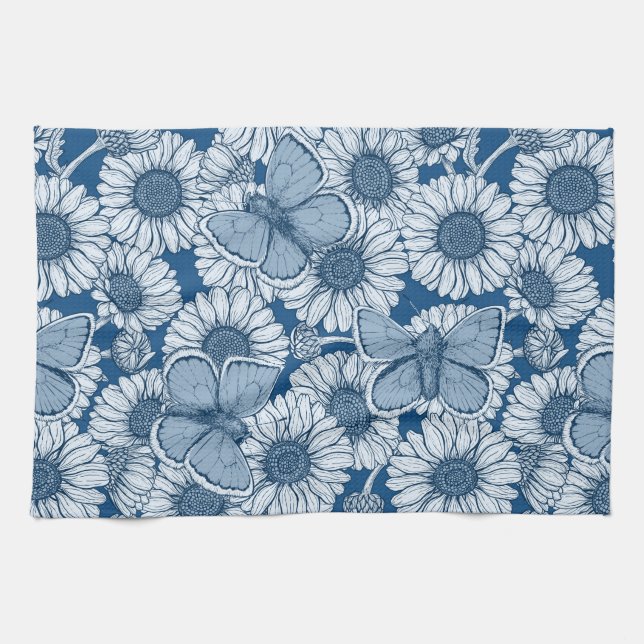 Blue spring, wild flowers, daisies tea towel (Horizontal)