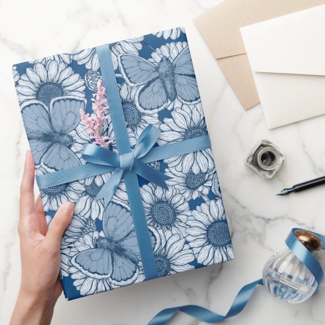 Blue spring, wild flowers, daisies wrapping paper (Gifting)