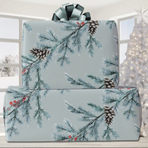 Blue Spruce Cones Red Ilex Berries Garland Spruce Wrapping Paper