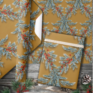 Blue Spruce Red Berries Lattice Gold Wrapping Paper