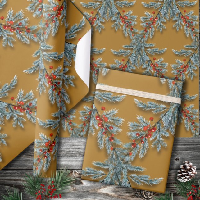 Blue Spruce Red Berries Lattice Gold Wrapping Paper (Creator Uploaded)