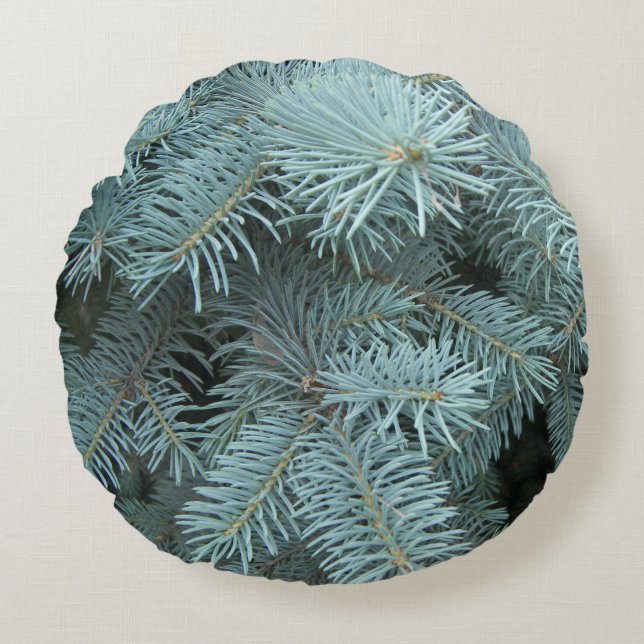 Blue spruce tree grey green rustic round cushion (Front)
