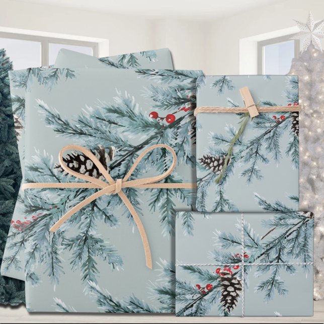 Blue Spruce White Cones Red Berries Garland Wrapping Paper Sheet (Creator Uploaded)