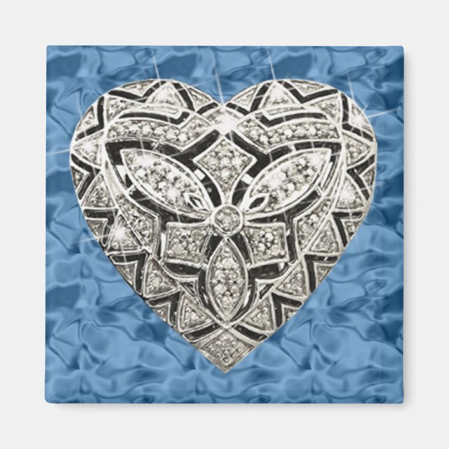 Blue Square Elegant Designer Diamond Heart Magnet (Front)