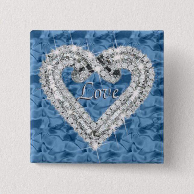 Blue Square Love Diamond Heart Button (Front)